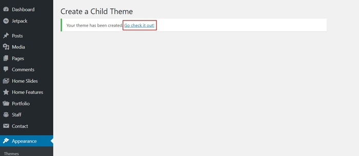 the success page you see after creating a child theme using the child themify plugin