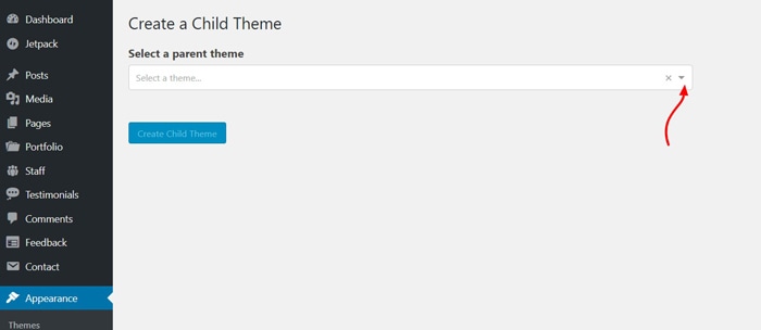 choosing parent theme screen while creating a child theme using child themify plugin