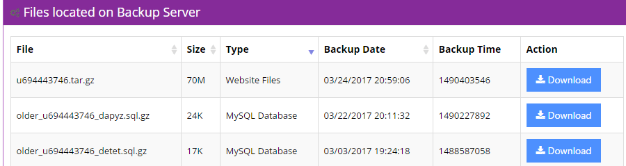 A list of available backups.