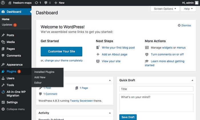 adding a new plugin via WordPress admin menu