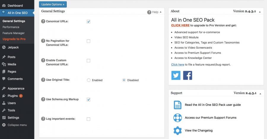 All in One SEO Settings page