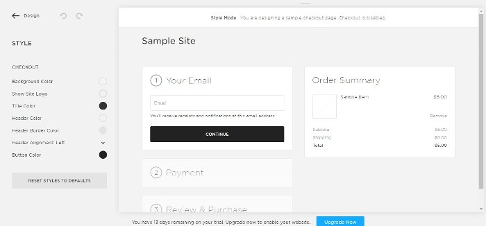 checkout page editor in Squarespace. Note that checkout is disabled in trial accounts