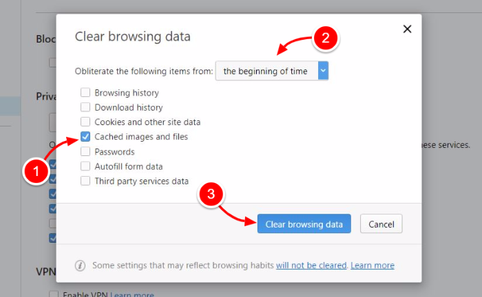 clear browsing data pop up in opera browser