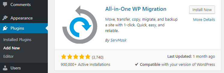 Installing the All-In-One WP Migration plugin.