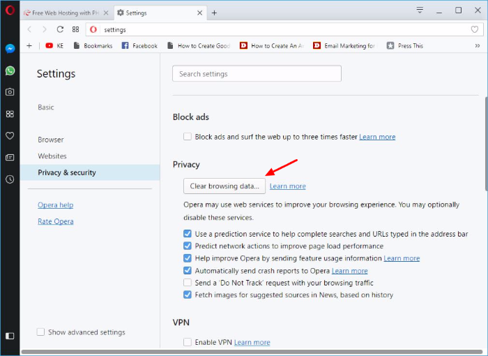 privacy & security settings page in opera browser