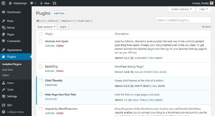 the plugins page in wordpress