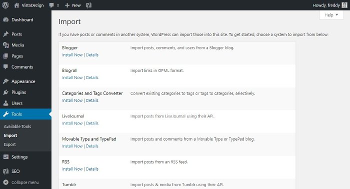 tools screen where you can import or export your content in wordpress