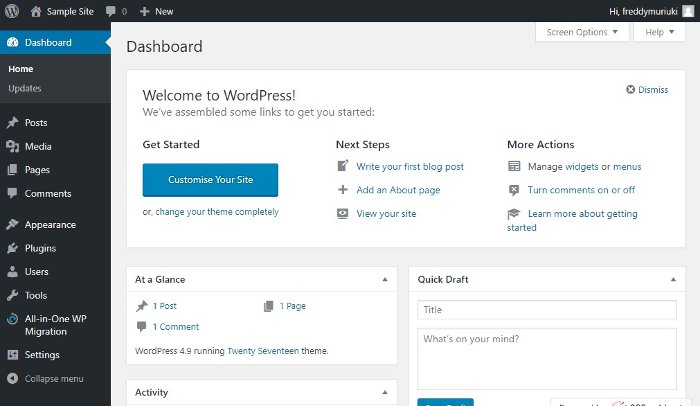 wordPress admin dashboard