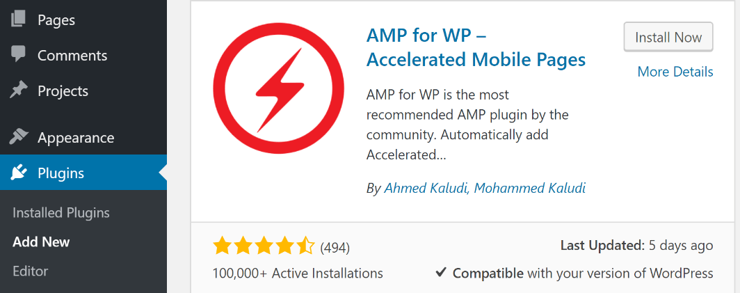 Installing the AMP for WP plugin.