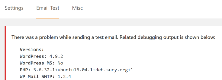 An example of an error when trying to send a test email via SMTP.