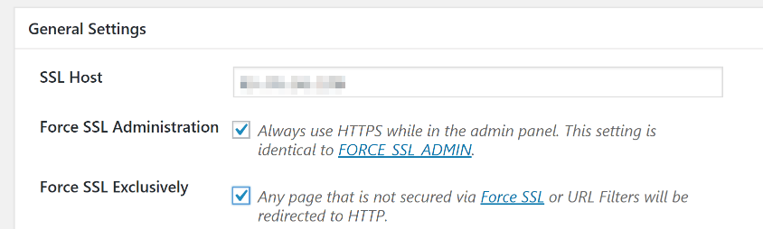 Some of the WordPress HTTPS (SSL) plugin settings.