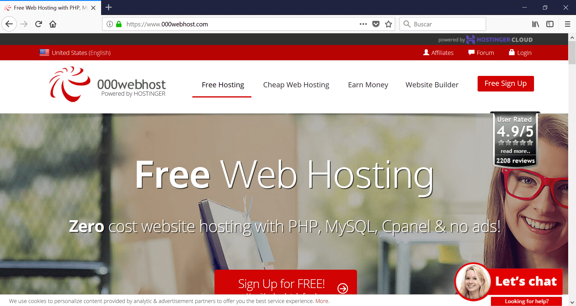 An example of 000Webhost homepage's above the fold content.