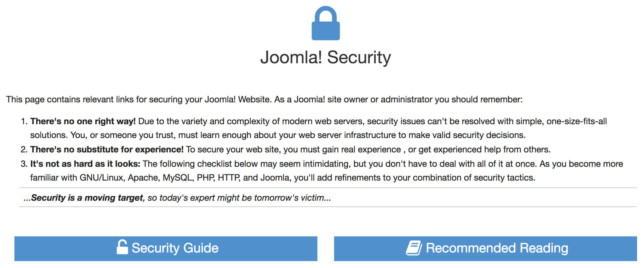 A screenshot of Joomla security options.