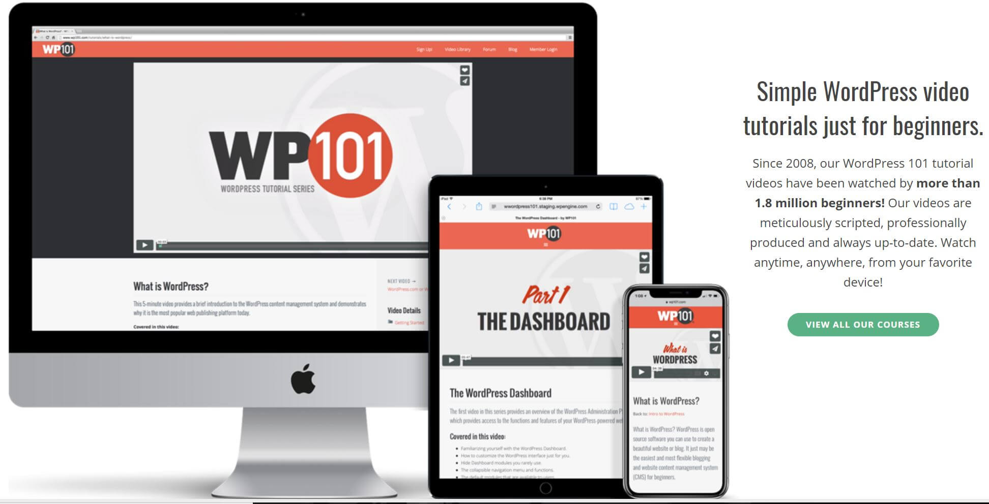 The WP101 WordPress course welcoming screen displayed on desktop and mobile devices. 