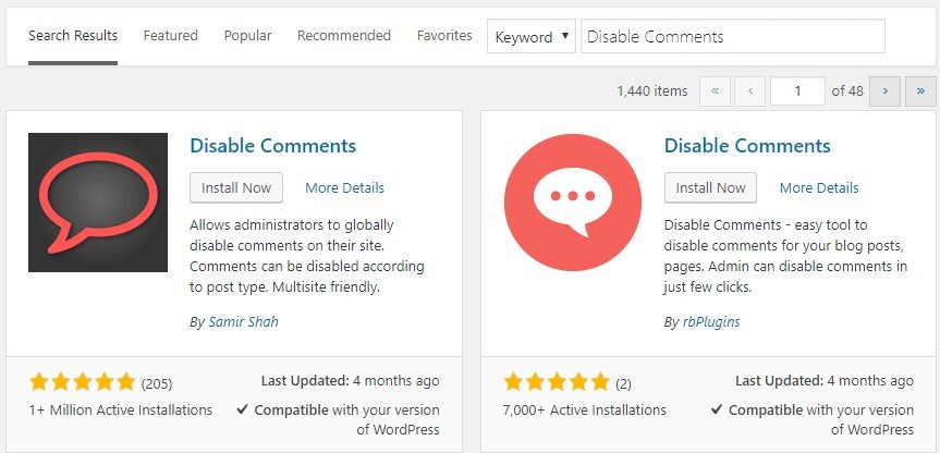 Installing the Disable Comments plugin.