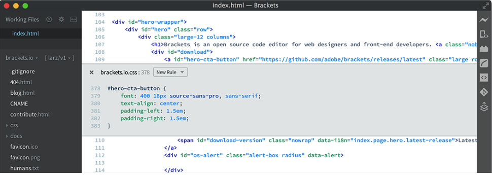 Screenshot of Brackets HTML editor 2018