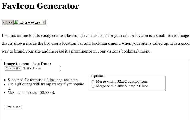 Screenshot of DynamicDrive favicon generator
