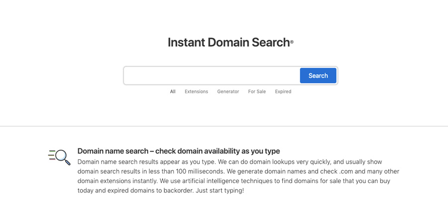 Screenshot of instant domain search 2018