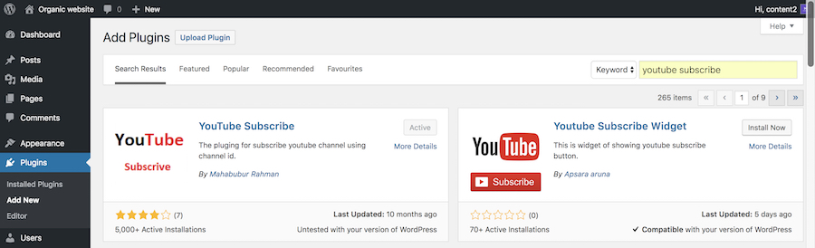 YouTube subscribe plugin activated