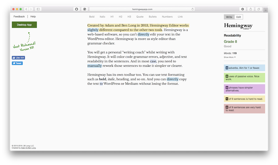 Editing text on hemingway web-based editor