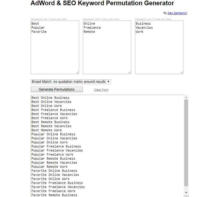 adword seo keyword permutation results