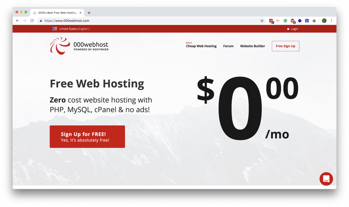 000webhost landing page. Here you can set up a free hosting service