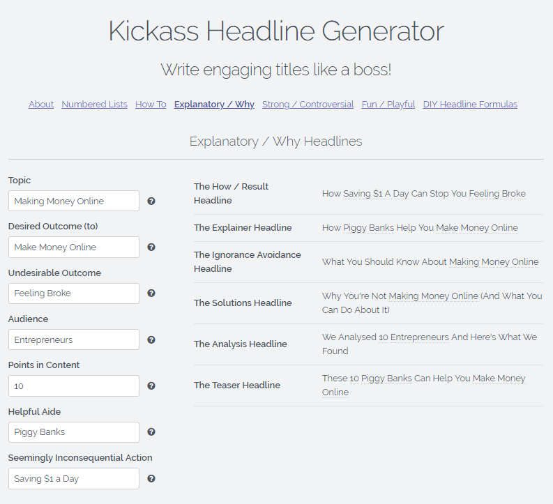 Kickass Headline Generator Parameters