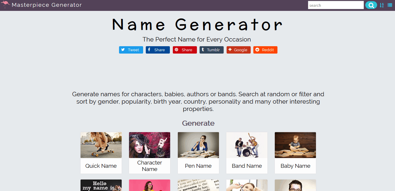Name Generator landing page