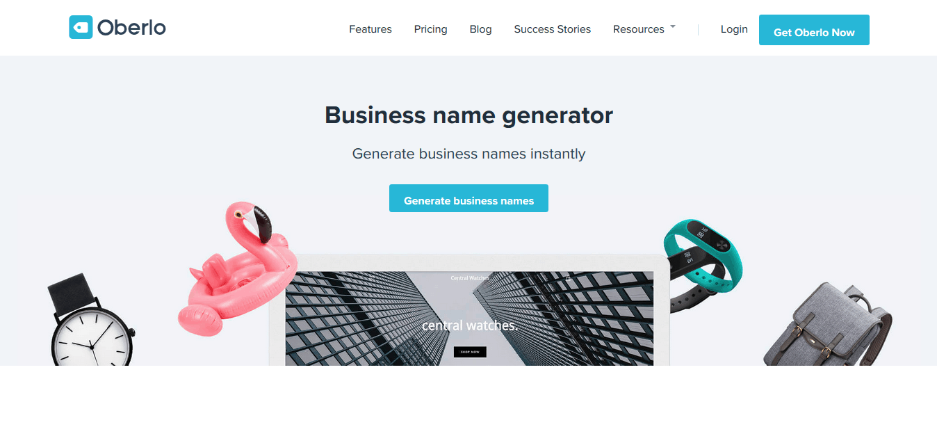 Oberlo's business name generator landing page