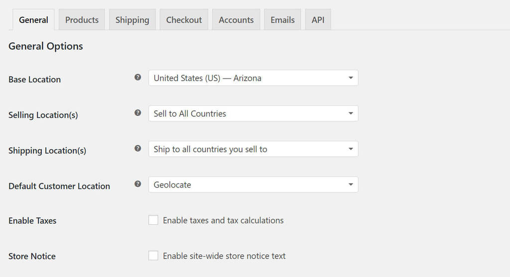 The WooCommerce general settings screen.