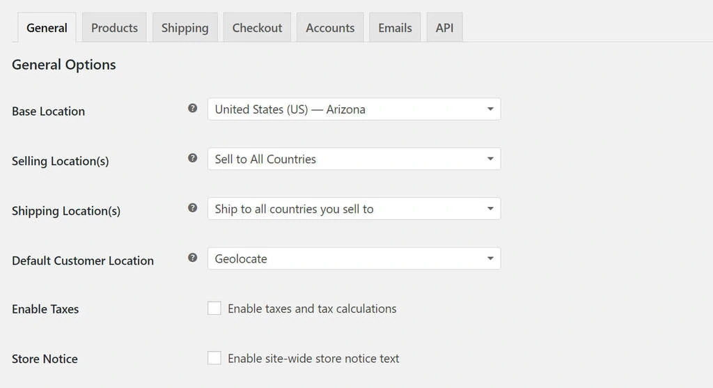 The WooCommerce general settings screen.